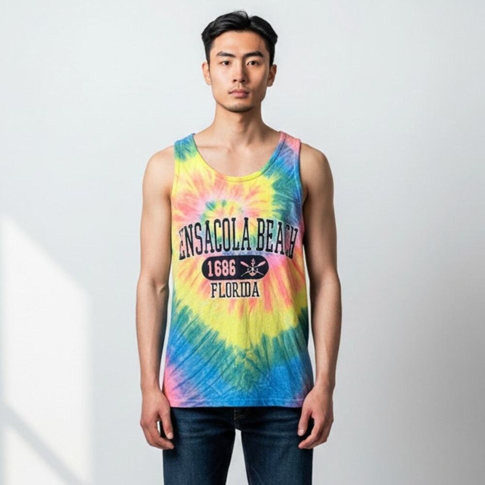 Pensacola Beach Florida Mens L Tie Dye Souvenir Tank Top 1686 Graphic Coastal